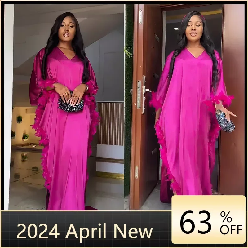 

African Long Dress for Women with Headtie Elegant Lady Evening Party Dresses Plus Size V-neck Silk Bubu Dress Muslim Kaftan Robe