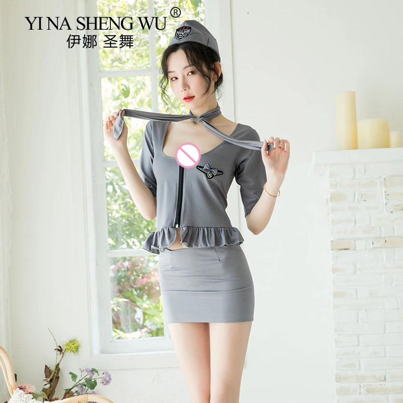 

Women Sexy Airline Stewardess Uniform Set Cosplay Temptation Costume Erotic Underwear Sexy Zipper Style Top Mini Skirt Costumes