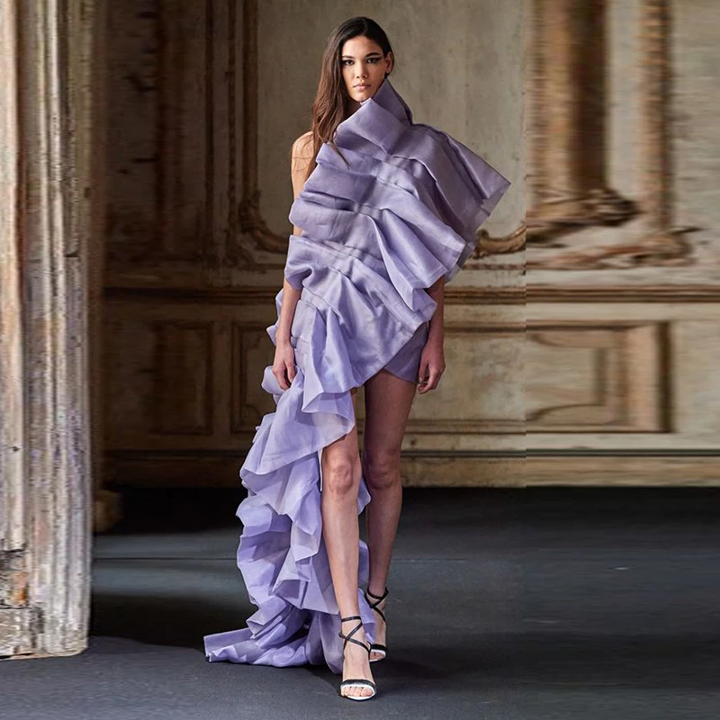 

Unique Design Lavender Prom Dresses Sexy One Shoulder Pleats Saudi Arabia Evening Gowns Ruched Satin Formal Party Dress Robe