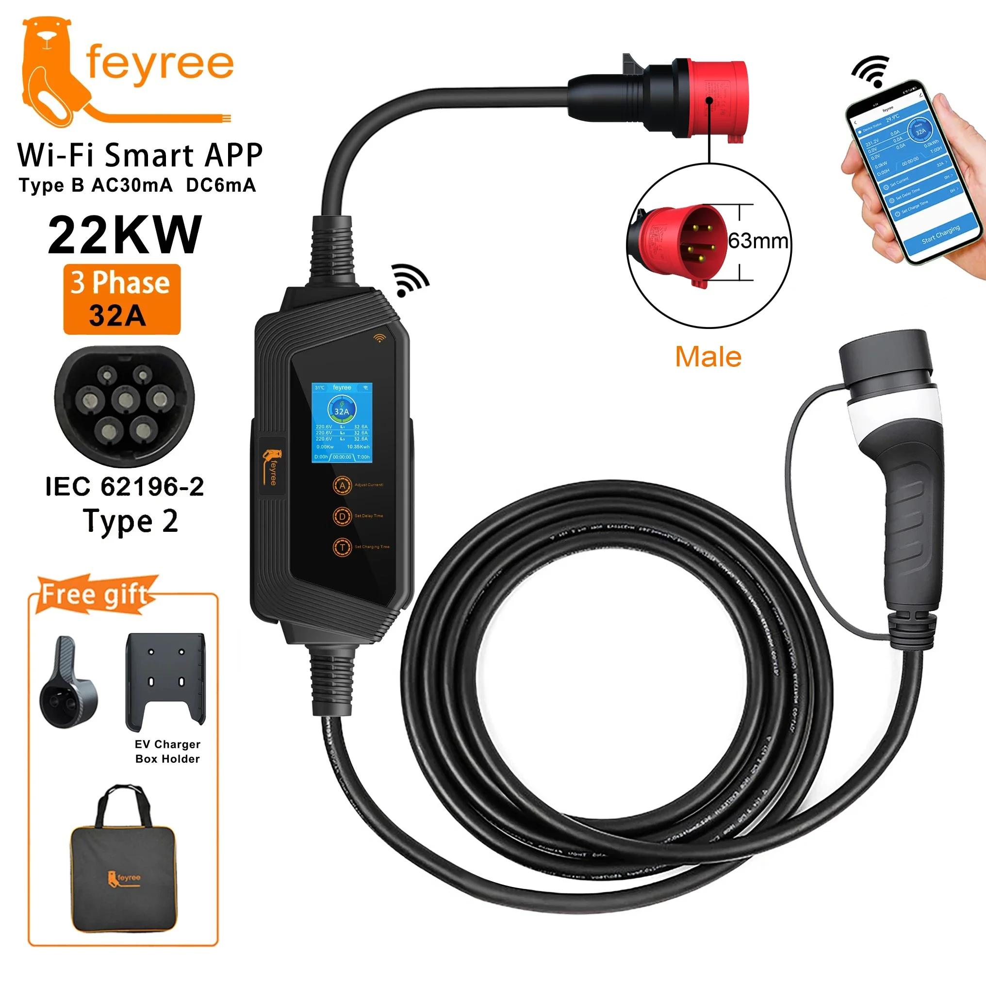 22KW 32A 3Phase Type2 EV Charger ev charger Wi-Fi APP Control EVSE Portable Charging Box Charging Station For Electric Car Charger
