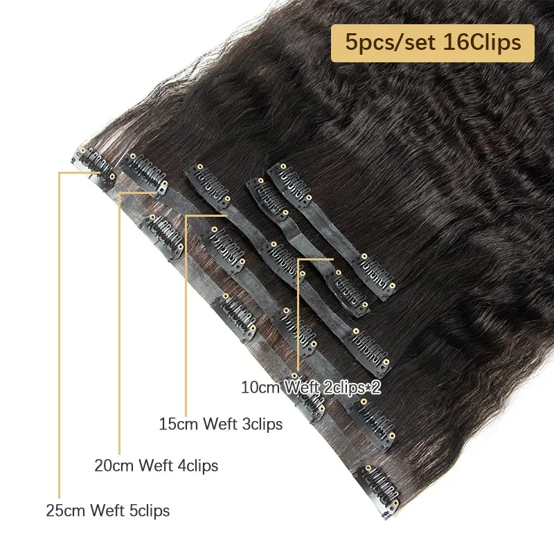 Kinky Straight Long PU Weft Clip In Human Hair Extensions Seamless Clip On Hair Yaki Natural Remy in Extensions