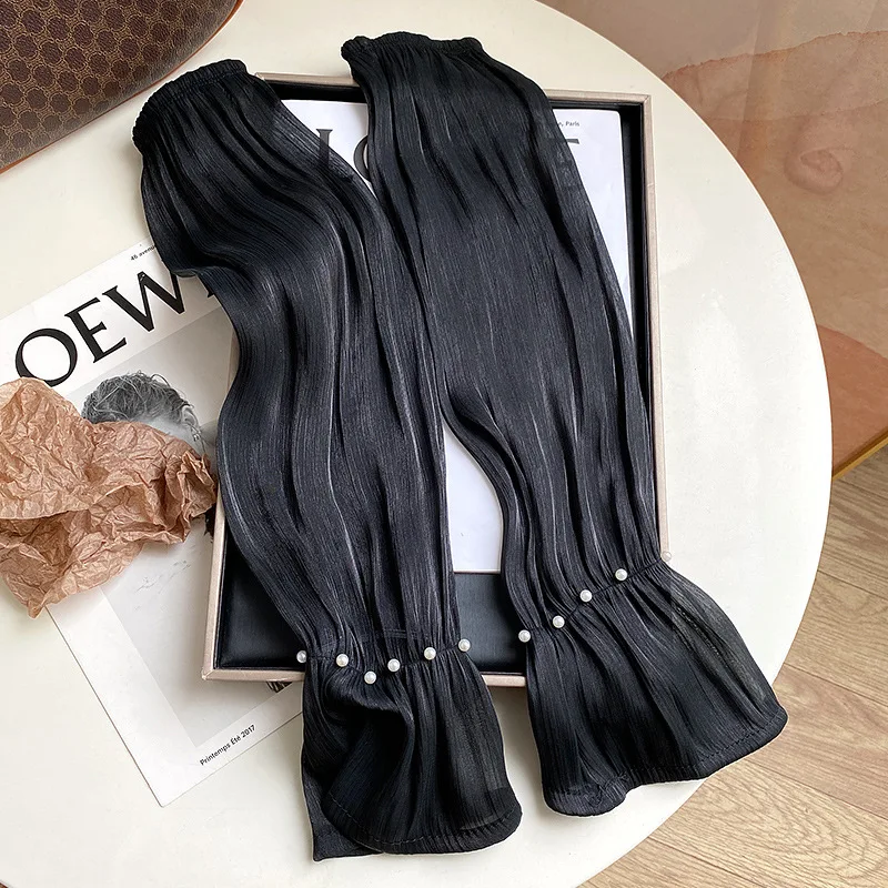Women Summer Ice Silk Sunscreen Long Sleeves Fingerless Gloves Elegant Pearl Decoration High Elasticity Thin Driving Cycling
