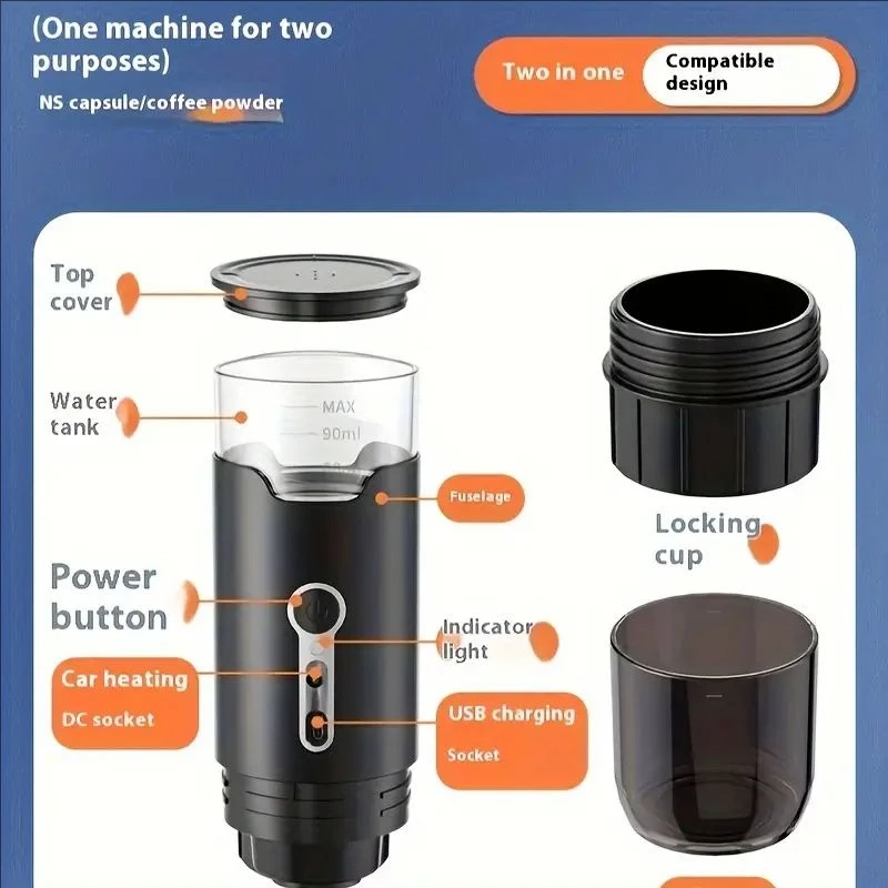 3-in-1 portable capsule coffee machine, wireless heating electric espresso machine, car, outdoor travel camping coffee machine