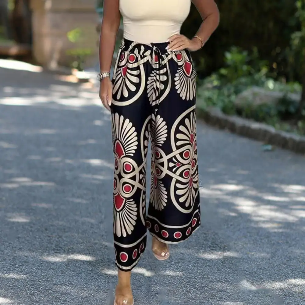 

Satin Fabric Women Pants Women Retro Printed Wide-leg Pants Bohemia Style Floral Print Wide Leg Pants for Women Elastic Waist