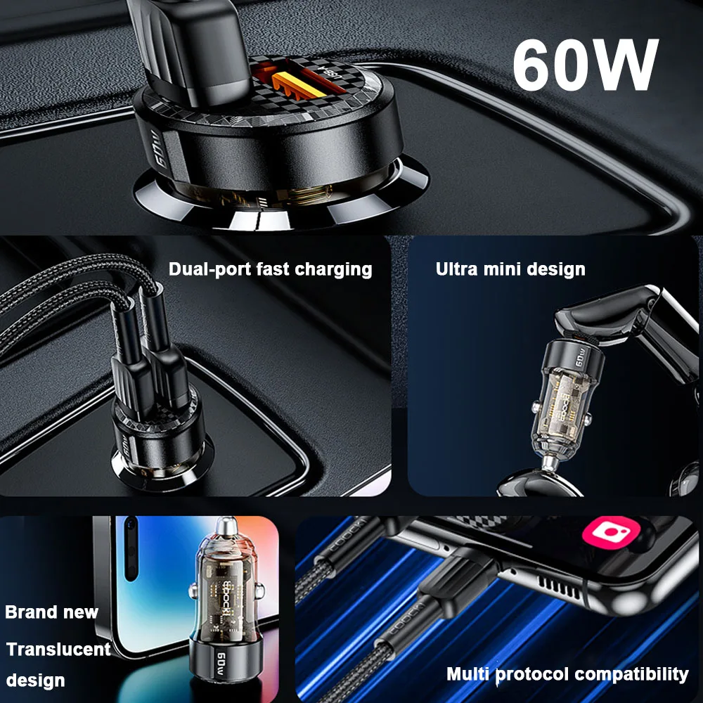 Caricabatteria da auto Ricarica rapida PD 60W QC3.0 USB C Caricabatteria da auto Tipo C Adattatore in auto per IPhone 1413 12 Xiaomi 13 12 - immagine 5