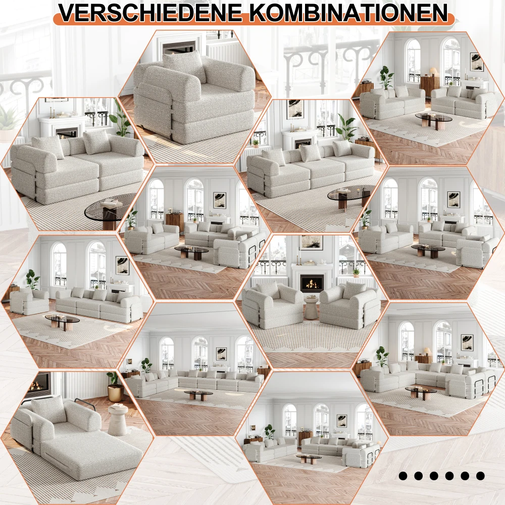 2-in-1 Chenille-Schlafsofa | mit Aufbewahrungsfach für Armlehnen, drei Metallrahmen und mehreren Konfigurationsoptionen, Wohnmöbel – Detail 12