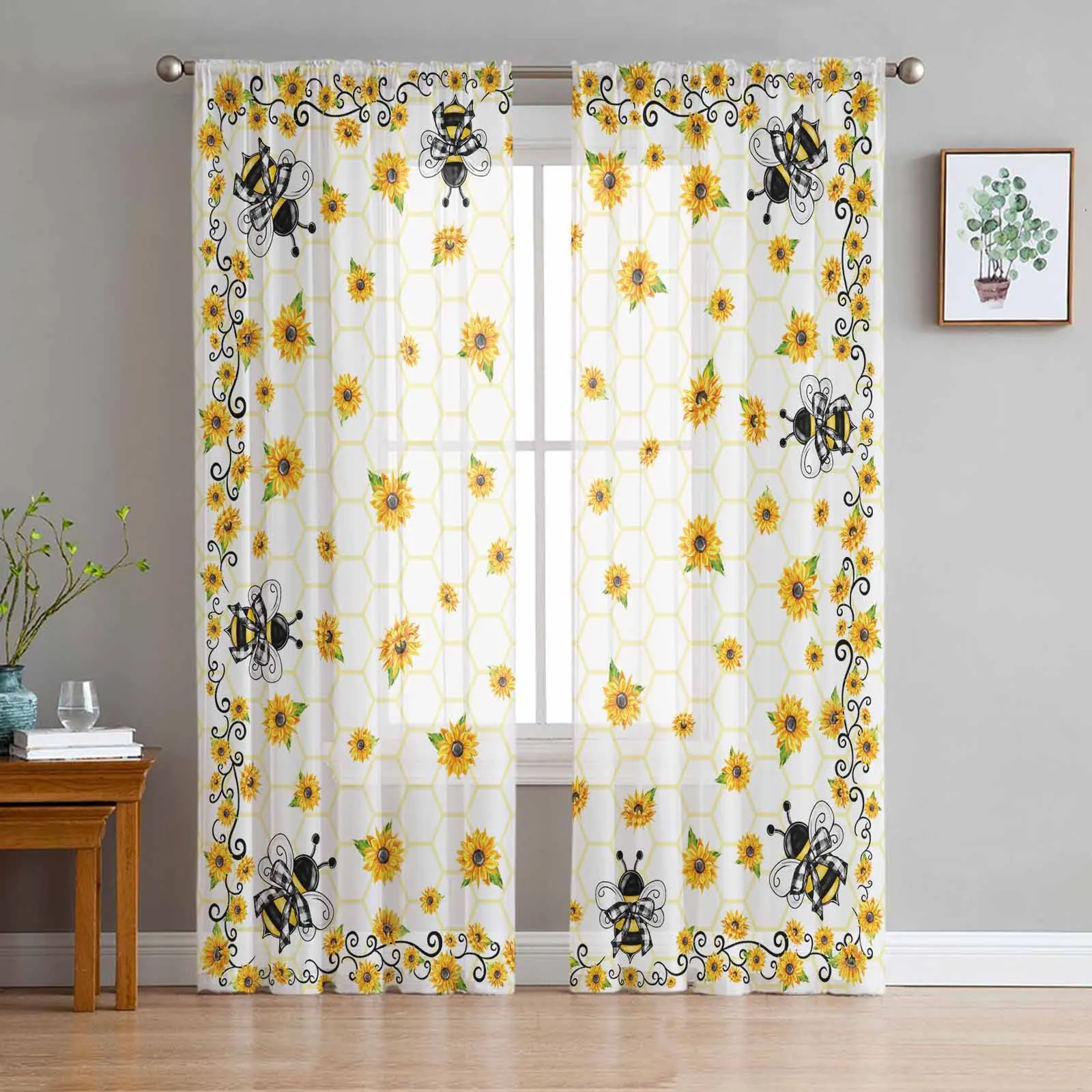 

Summer Bees Sunflowers Flower Hives Voile Sheer Curtains Living Room Window Tulle Curtain Kitchen Bedroom Drapes Home Decor