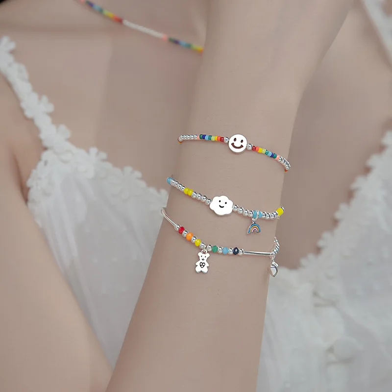  다채로운 비즈 볼 팔찌 및 나비, 웃는 얼굴 무지개 구름 사랑 작은 곰 핸드 쥬얼리
