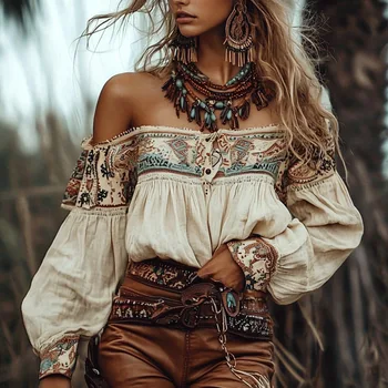 Chic Bohemian Off-Shoulder Lantern Sleeve Blouse 1