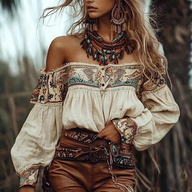 Chic Bohemian Off-Shoulder Lantern Sleeve Blouse 1