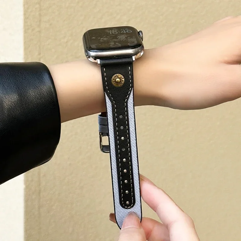 애플 워치용 청바지 리벳 가죽 밴드, 데님 가죽 컬러 매칭 팔찌, iWatch9 4 5 6SE 스트랩, Ultra2 1, 49mm, 45mm, 41mm