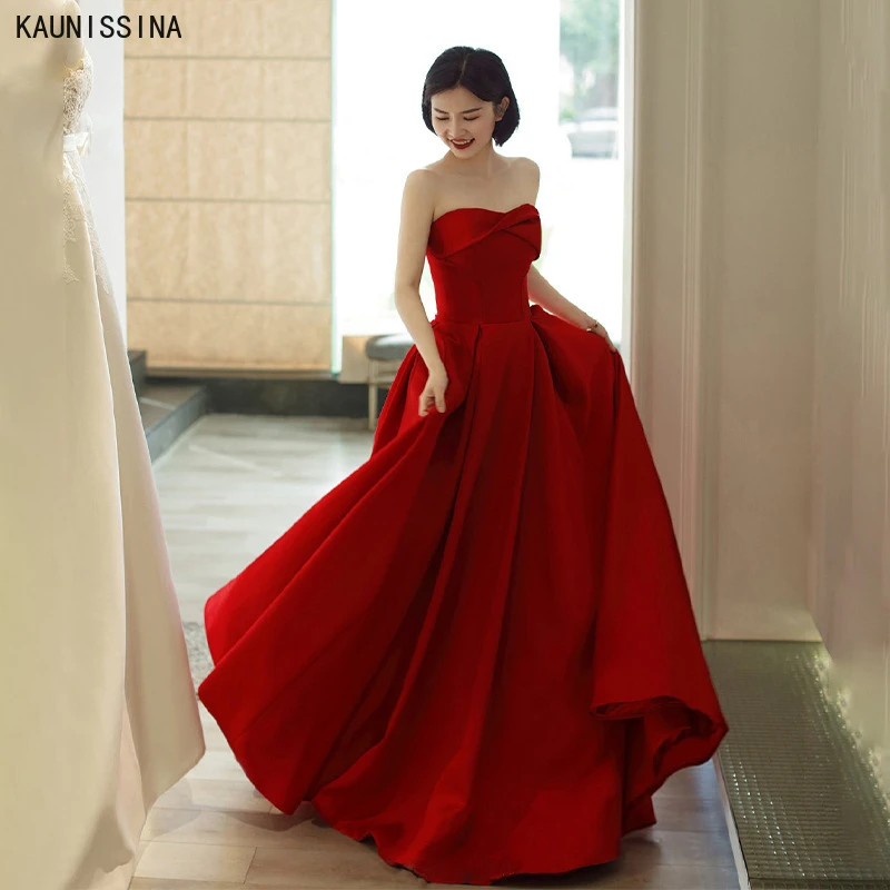 KAUNISSINA Sexy Strapless A-line Evening Dresses Sleeveless Floor Length Formal Dress Elegant Satin Red Prom Party Gowns formal evening dresses