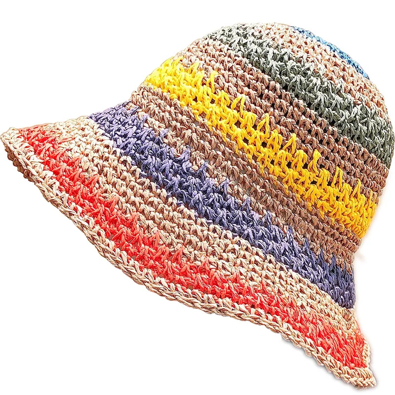 

Ladies hand woven straw hat, colorful rainbow big wing sun hat, sunscreen, fresh little fisherman hat, Bohemian style, new