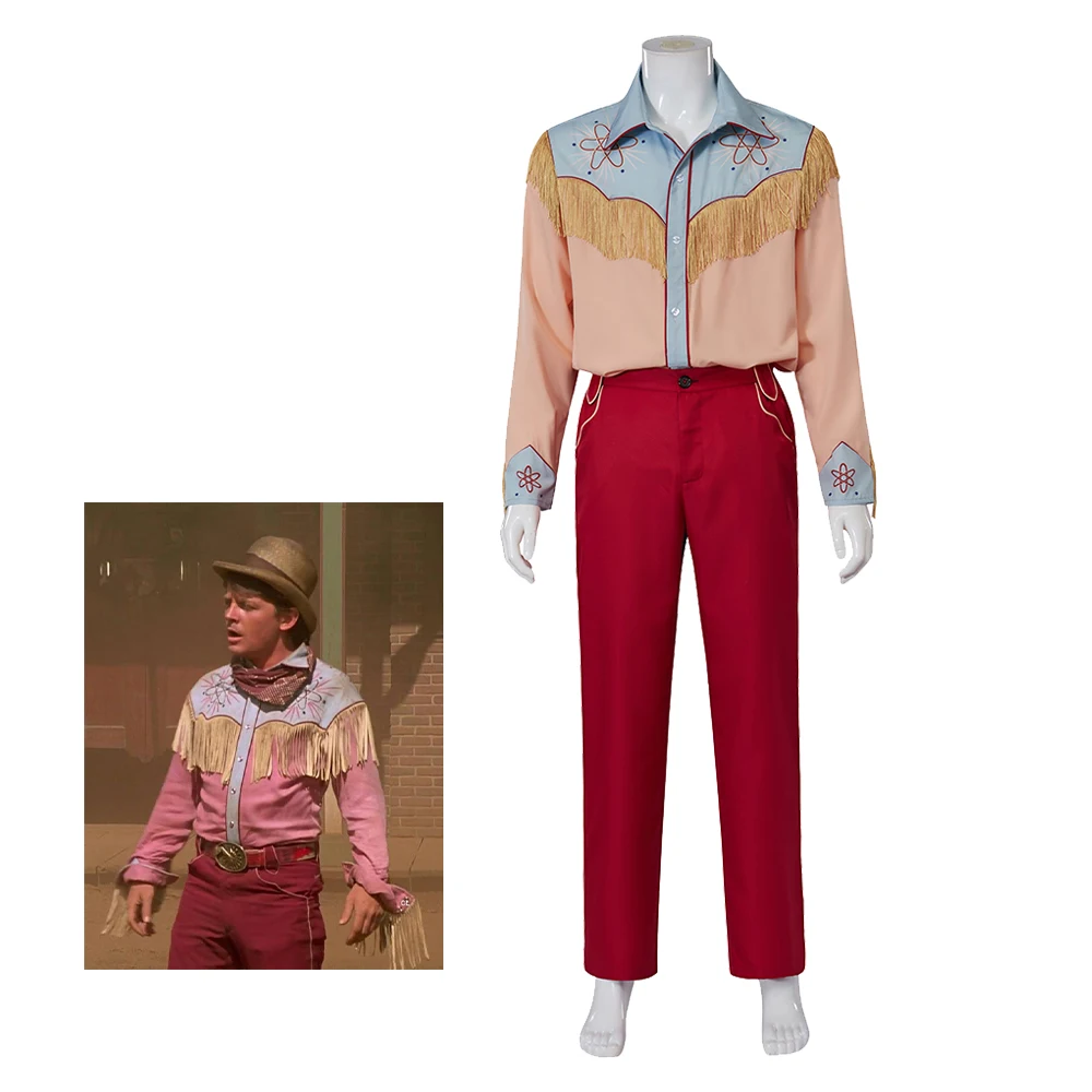 

Back To The Future 3 Marty McFly Cosplay Costume Cowboy Cos Outfits Tassel Top Red Pants Full Set Halloween Party Men's Uniform