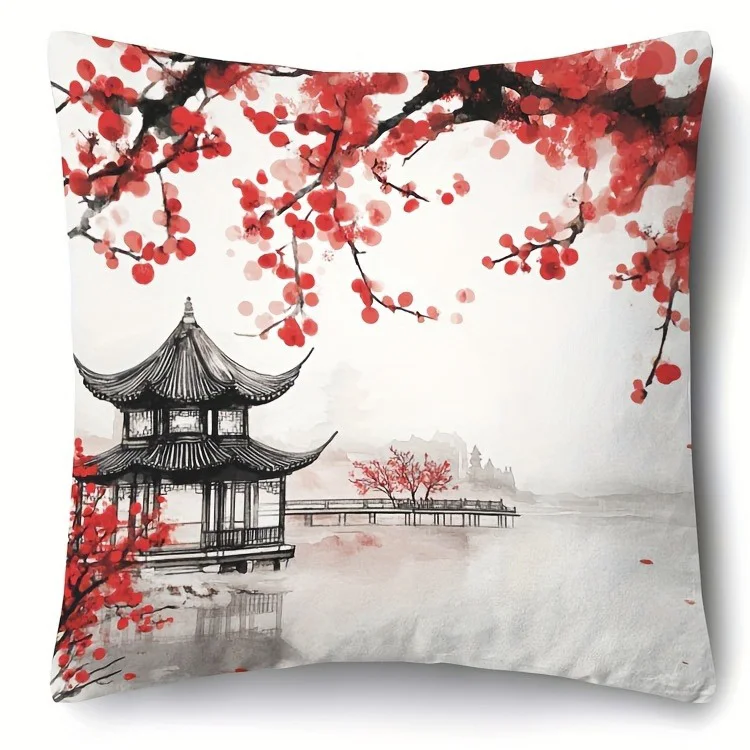 Red plum blossoms and waterside pavilion, design 1