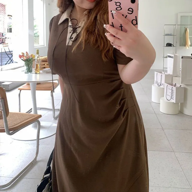 Fashion Mocha Black Polo-Neck Lacing Irregular Dresses Summer Clothes for Women Office Lady Splicing Plus Size Split Long Dress