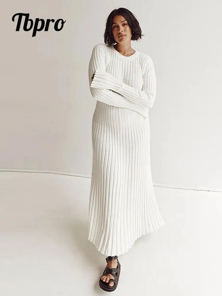 

Solid Color Round Neck Sleeved Knitted Dress Women Pleated Slim White Long Robes 2023 Summer Lady Office Streetwear Vestido