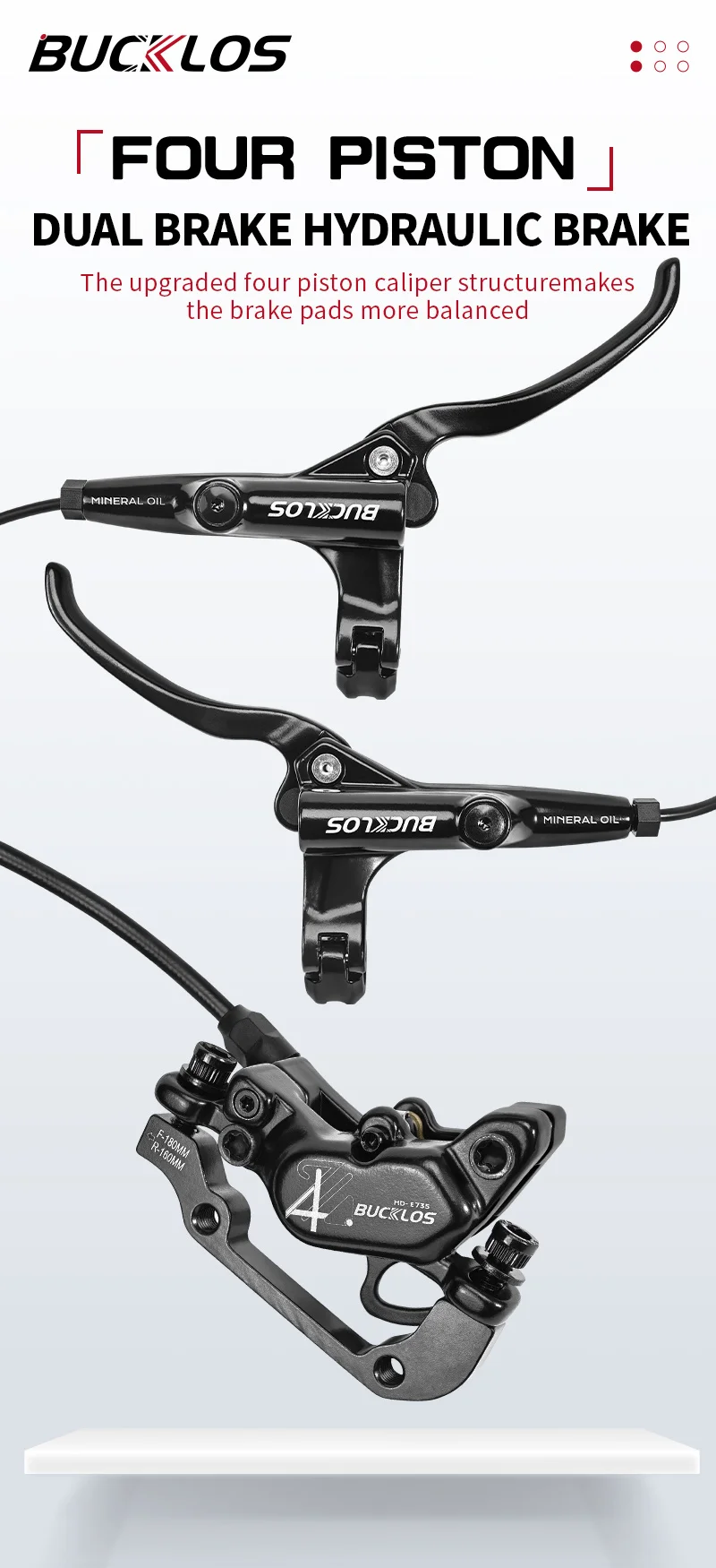 Description Picture 3 of itemBUCKLOS 4 Piston Electric Bike Hydraulic Brakes Power Off Front Rear E-Bike Brake Set Scooter Bicycle Oil Disc Brake MTB Parts