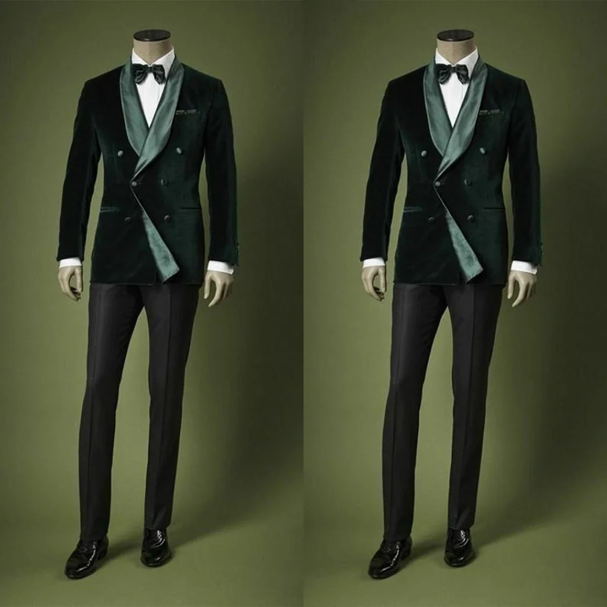 

Velvet Men Suits 2 Pieces Green Blazer Black Pants Double Breasted Tuxedo Satin Lapel FashionWedding Formal Work Causal Tailored