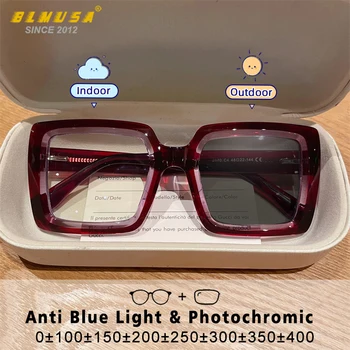 BLMUSA Square Photochromic Blue Light Blocking Large Frame Eyeglasses fashion Reading Glasses ladies Prescription Myopia Glasses