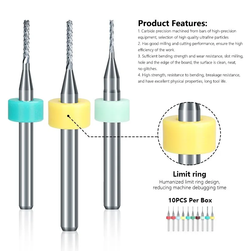 PCB Fresadora para Máquina de Gravura CNC, Carbide End Mill, 3.175mm Shank, CMCP, 10Pcs