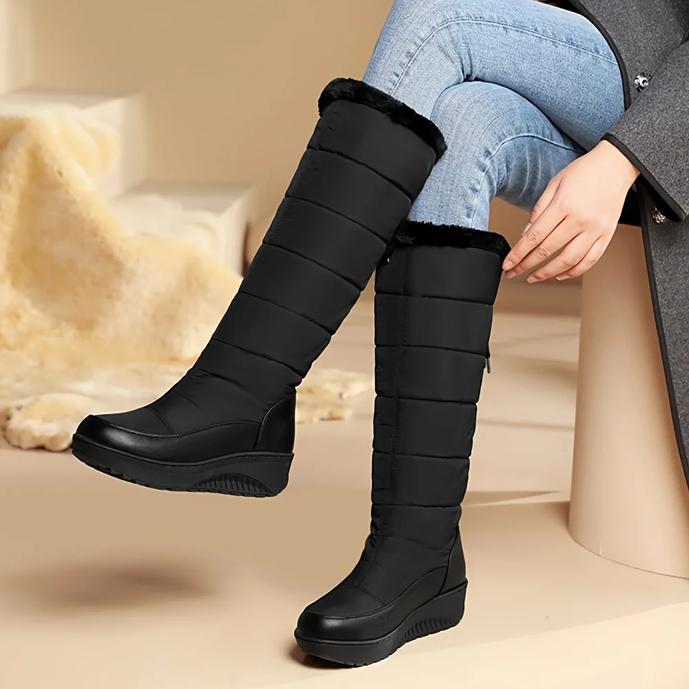 Women's Fuzzy Fur Winter Snow Boots Wedges Heel Pull On Waterproof 1