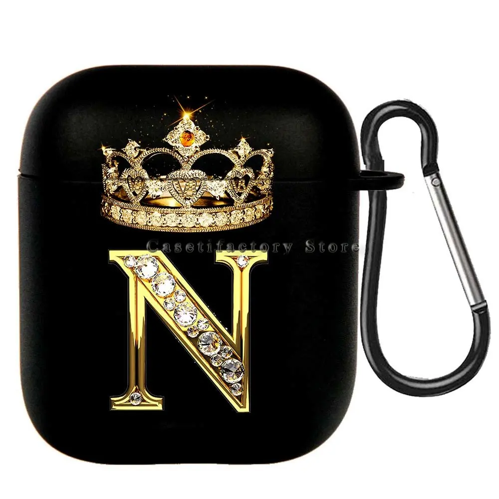 Elegant Diamond Crown Initial AirPods Case - Black Wireless Bluetooth Earphone Cover