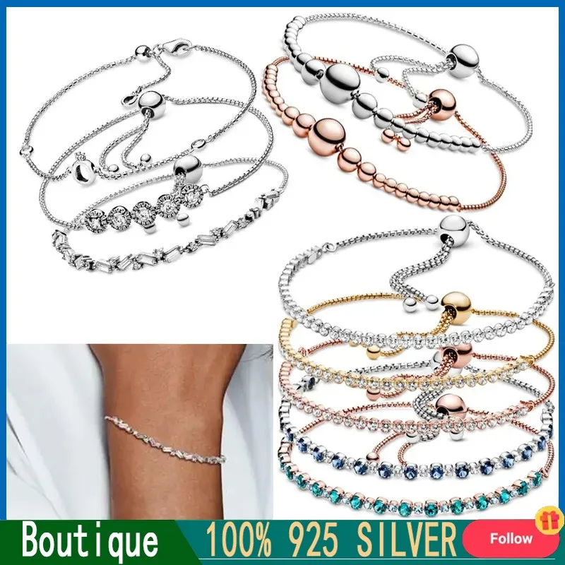 New High Quality Women's Bracelet 100% 925 Silver Original Logo Ice Crystal Zircon Logo Adjustable Tennis Bracelet DIY Jewelry