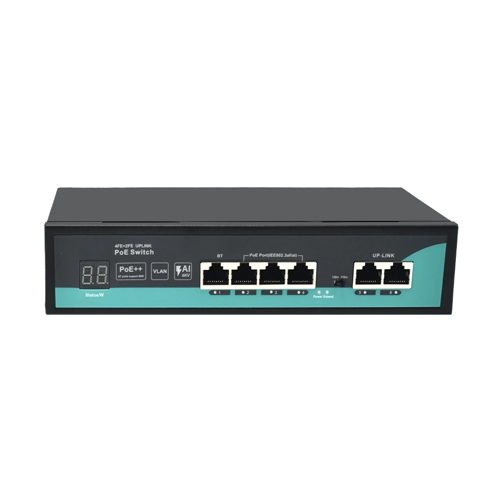 

6-портовый PoE коммутатор, 4-портовый PoE 2*100 м, OEM AI POE коммутатор с цифровым дисплеем трубки для камеры видеонаблюдения