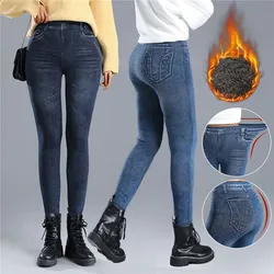 New Fashion Women Winter Thermal Jeans 2023  Plush Fleece Stretch Jeans Lady Slimming Seamless Trousers Casual Solid Color Pants