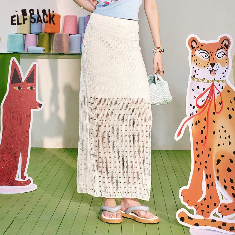 ELFSACK 2024 Summer New Hollow Knitted A-line Half Skirt Women's White High Waist Style Long Skirt