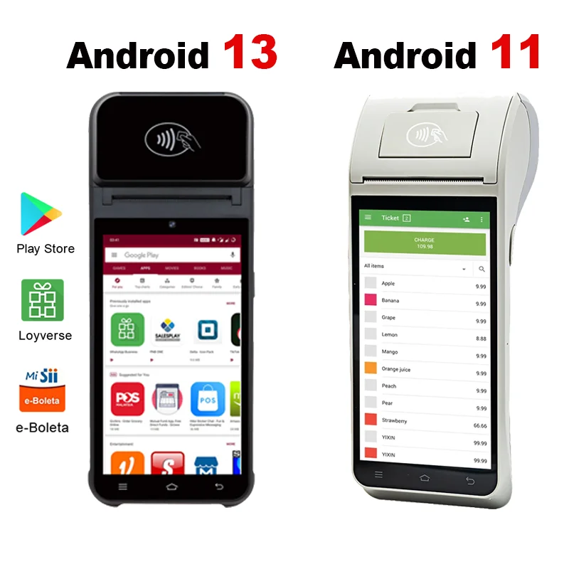안드로이드 13 휴대용 단말기 POS 프린터 휴대용 58mm 열 영수증 프린터 4G 블루투스 NFC 티켓 빌 POS PDA Impressora