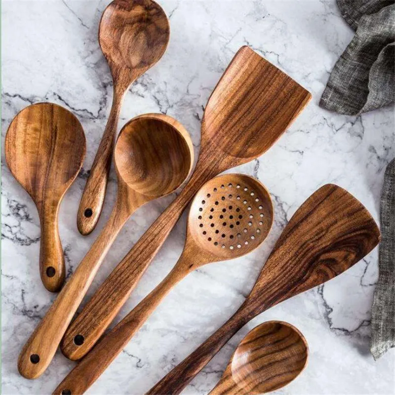 7-Piece Set Of Wooden Cooking Tools Natural Wooden Long Rice Spoon Soup Skimmer Thai Teak Natural Wood Tableware Kitchen Supplie
