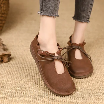 Plus Size Women Flats Retro Lace-up Mary Jans Leather Shoes Ladies Spring Summer Outdoors Casual Soft Comfort Sneakers Zapatos