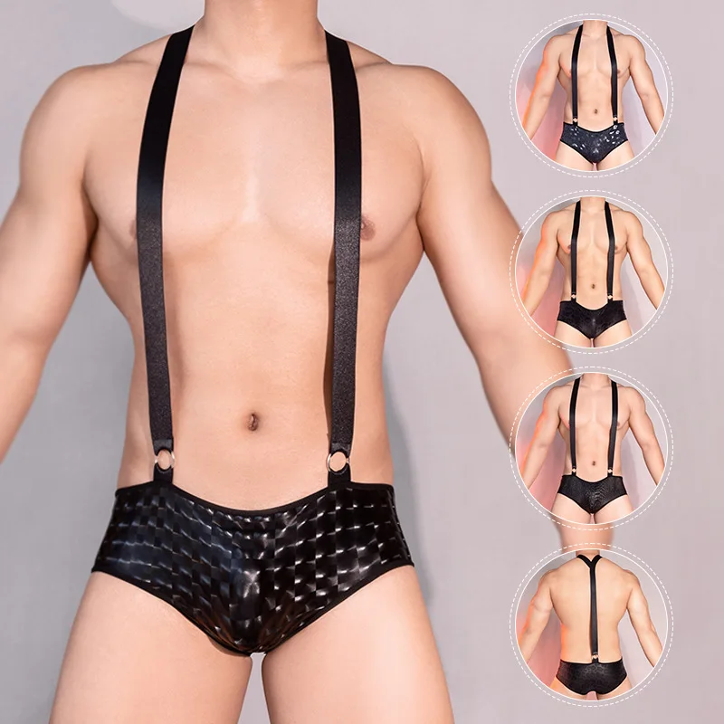 Mens Pu Leather Erotic Body Harness Belt Mankini Perizoma One Piece Body Pouch T Pants Backless Lingerie Bretelle Tuta