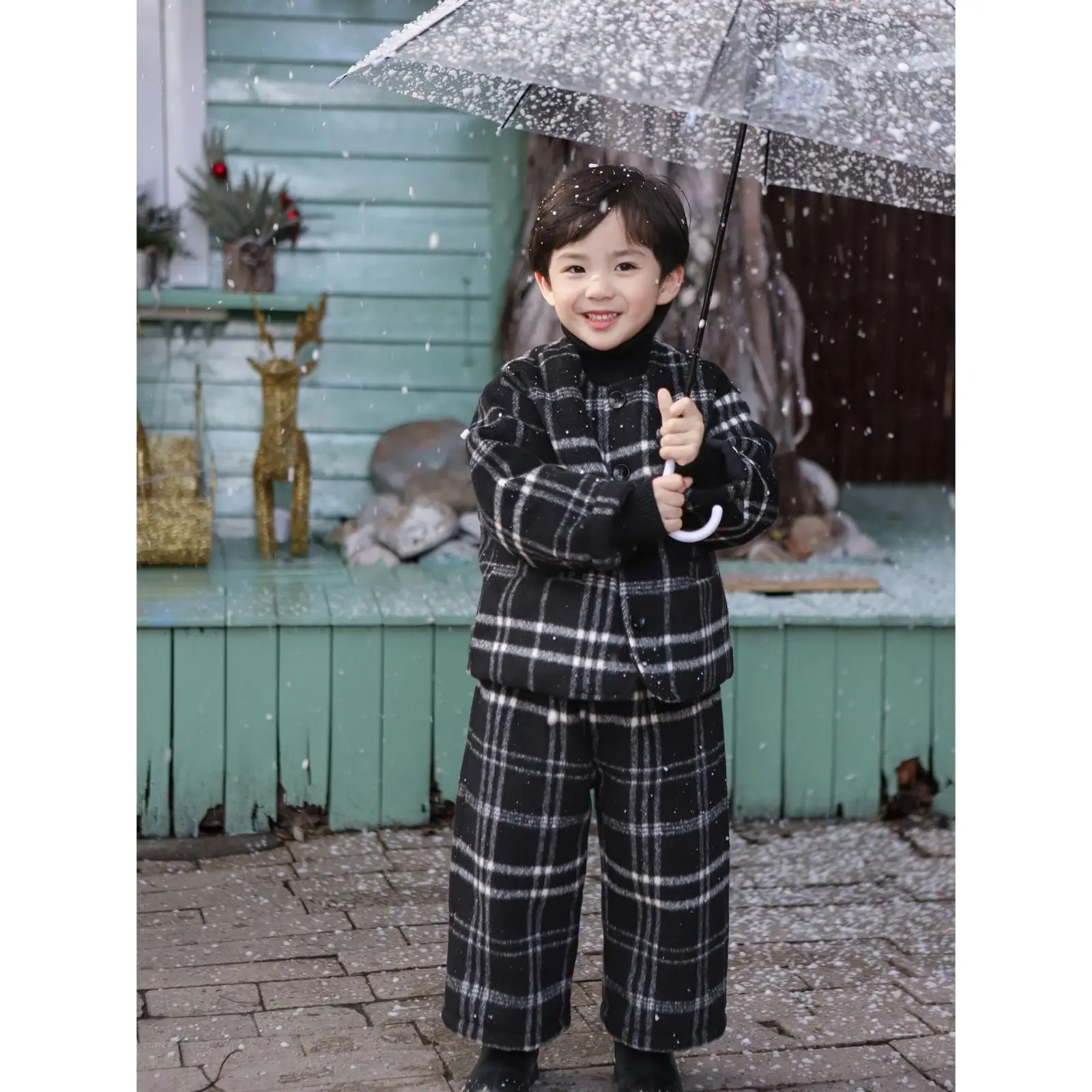 

Winter Kids Childents Thick Warm Woolen Coat Plus Velvet Stripe Jacket +Loose Pants 2Pcs Sets Baby Boys Casual Gentleman Suit