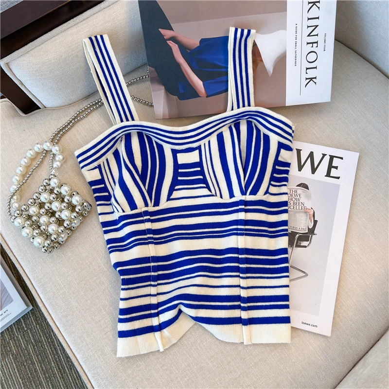 

Striped Sleeveless Suspender Women's Knitted Vest Slim Korean Summer 2023 New Sexy Girl Sweetheart Top Casual Holiday Clothing