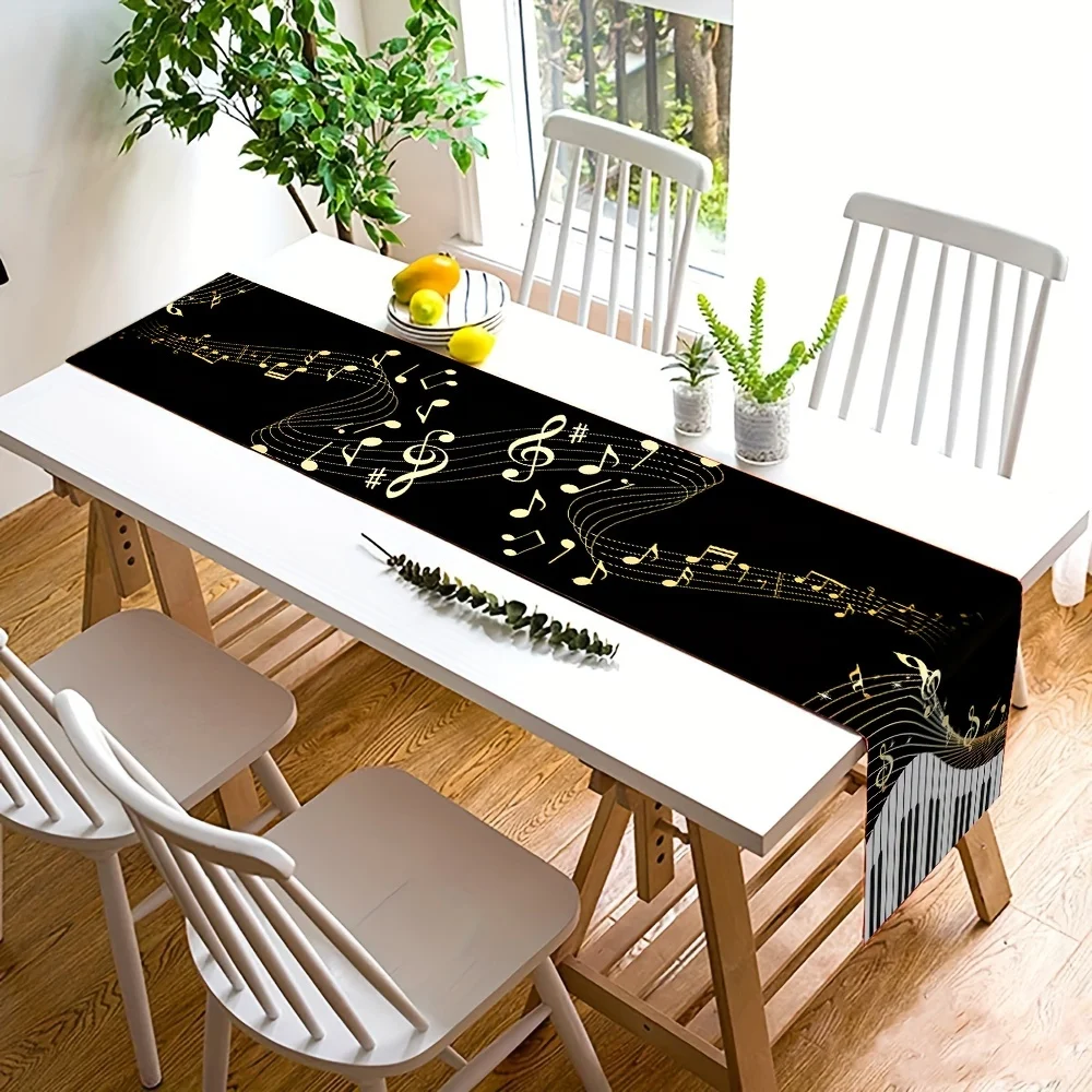 Piano Keyboard Music Notes Pattern Linen Table Runner Elegant Dresser Scarf for Washable Kitchen School Holiday Party Home Decor 3
