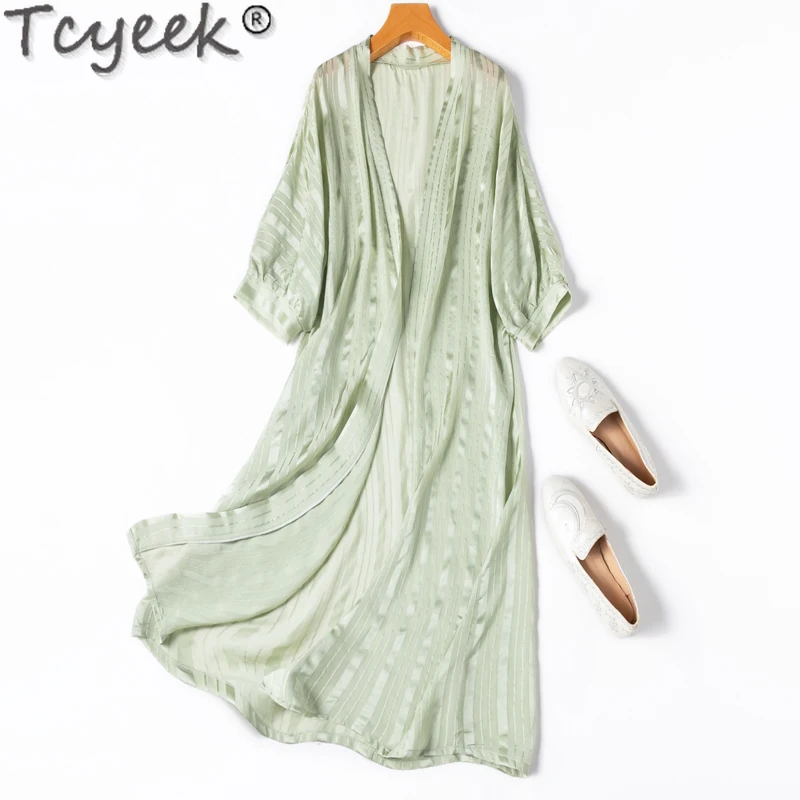 

Tcyeek 100% Mulberry Silk Sunscreen Clothing Top Female Spring Summer Cardigan Mid-length Trench Coat for Women Overcoat 2024