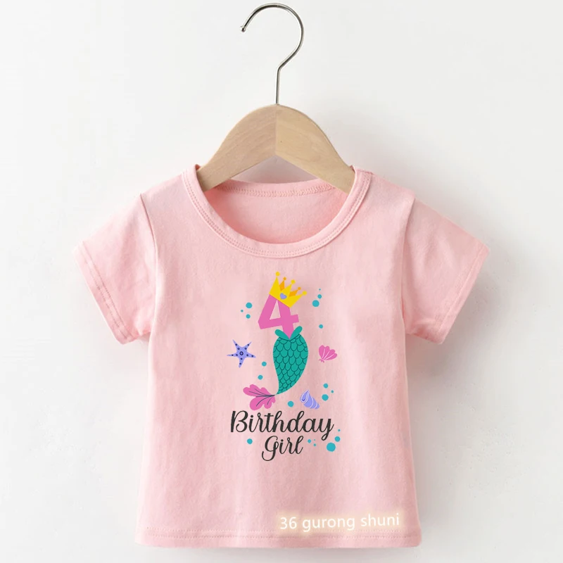 Kawaii Girls T-Shirt Cute Mermaid Birthday Number Print 1 2 3 4 5 6 7 8 9 For Kids Birthday Gift Clothing Tshirt Cute Baby Shirt 4