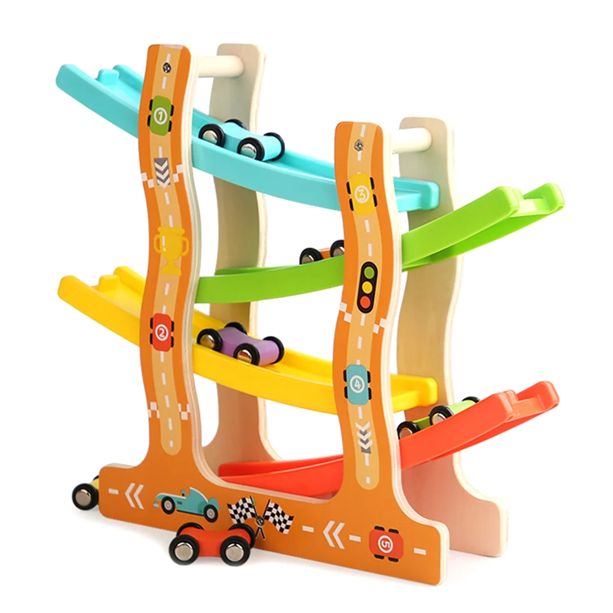 BAAU Wooden Racing Slide Cars Track Parking Lot Toys Gliding Ladder Vehicles DIY Education Xmas Birthday Gifts for Kids Boys