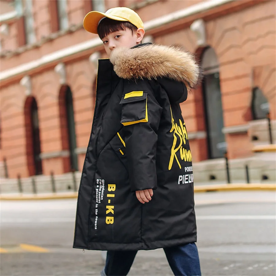

Winter Kids Fashion Letter Parkas OutwearCotton Padded Big Fur Collar Jacket Boys Girl Thickened Warm Hooded Coats Children's