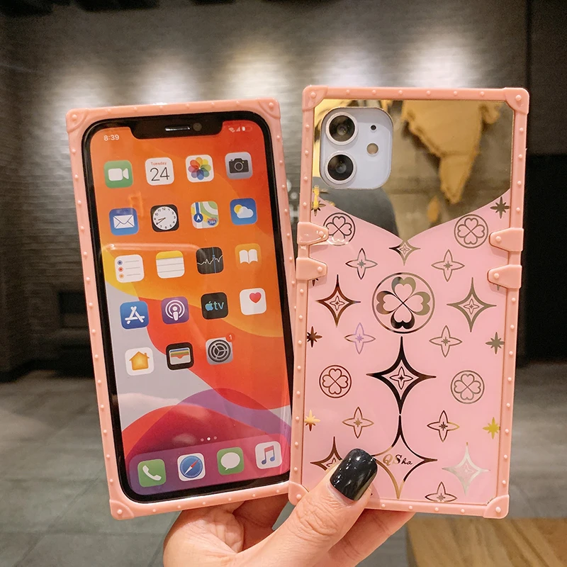 Luxury Square Cute Clover Pink Case For iPhone 12 11 Pro Max Soft Silicone Mirror Phone Cover For iPhone X XS Max XR 6S 7 8 Plus (6)