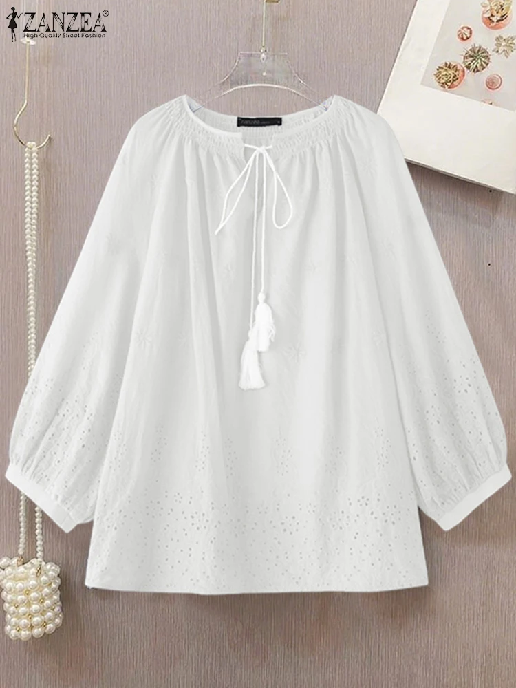 Cotton Lace Tunic Top for Women Autumn Lantern Sleeve