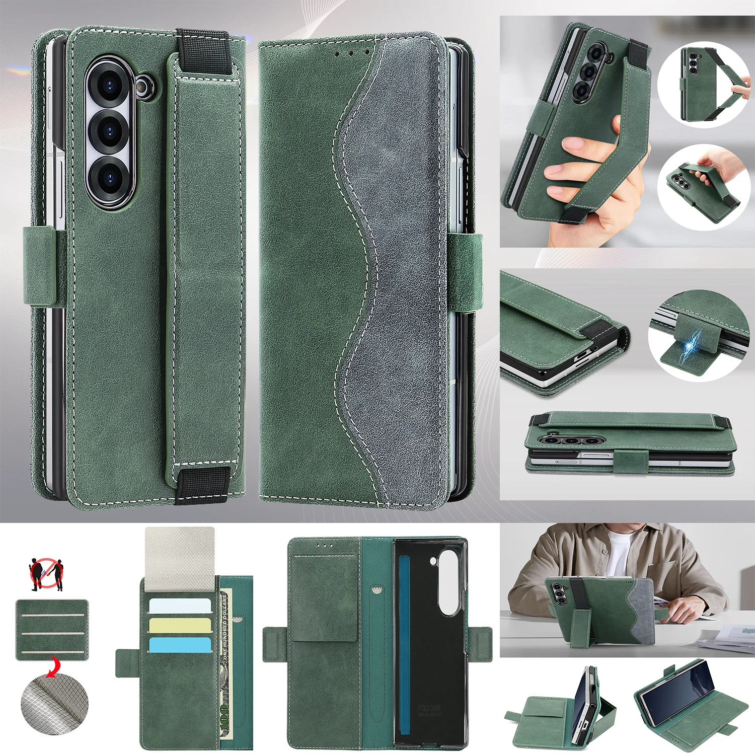 Luxury Business RFID Leather Wallet Case with Electroplated Shell and Wristband Stand Flip Cover