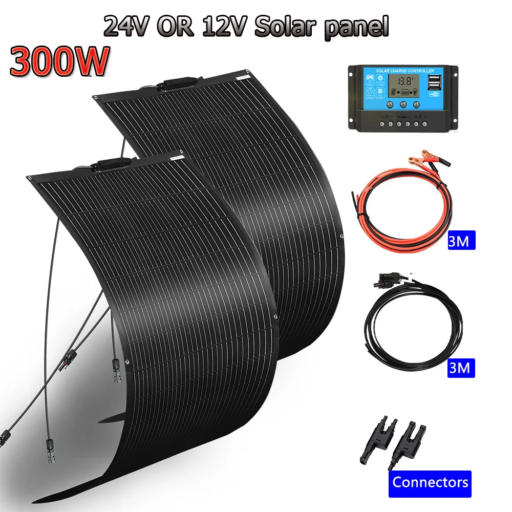 150W-600W Semi-Flexible Monolithic Monocrystalline Solar Panel Kit, 19.8V PV Module, 12V/24V/36V Off-Grid Battery Charger for RV