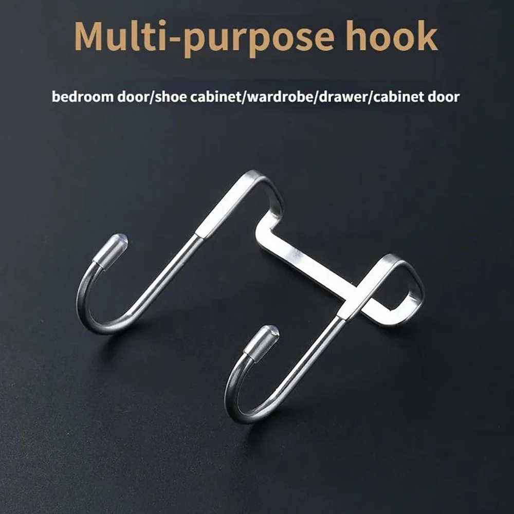 2PCS Stainless Steel Hook Free Punching Double S-Shape Hook Kitchen Bathroom Cabinet Door Back Type Coat Towel Storage Hanger