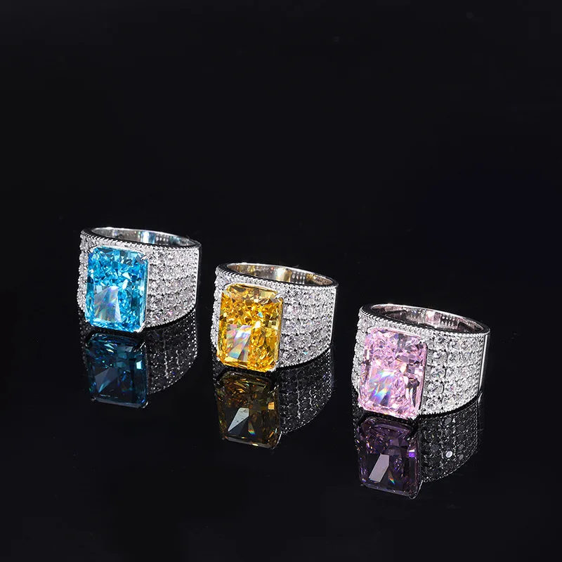 

Sparkling 10*14mm Pink Yellow Blue Square High Carbon Diamond Row Ring For Women S925 Sterling Silver Engagement Wedding Jewelry