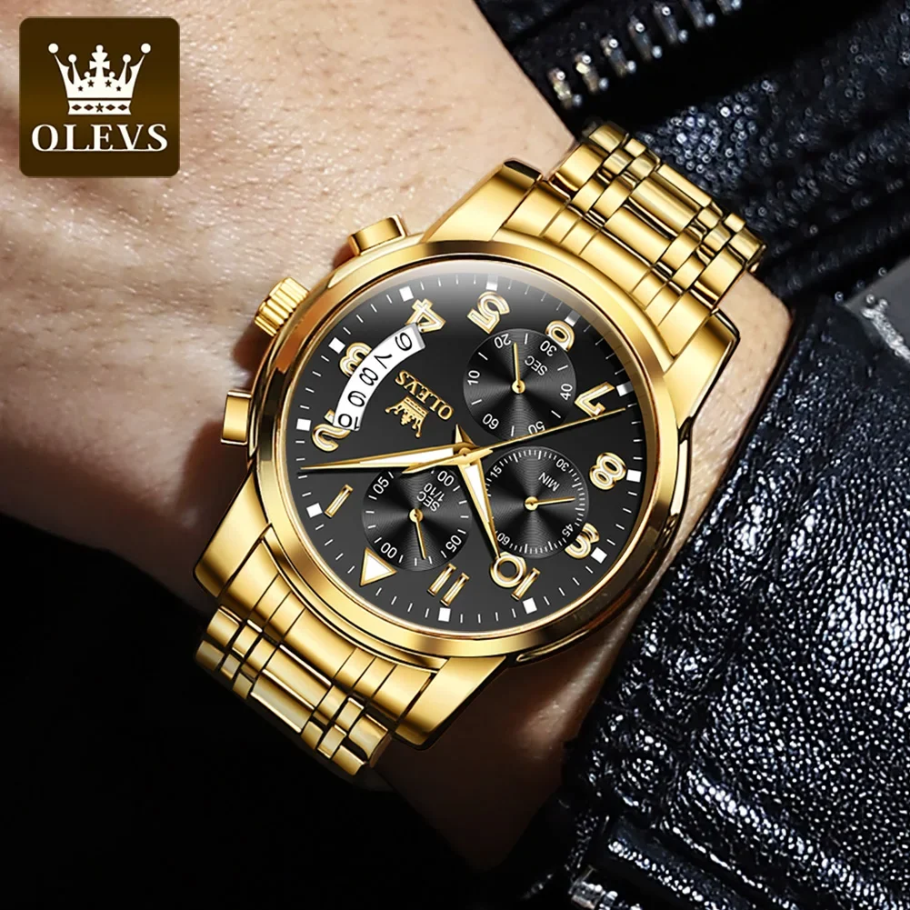 OLEVS 2879 Luxury Men Watches Original Gold Chronograph Wristwatch Waterproof Stainless Steel Luminous Quartz Watch reloj hombre