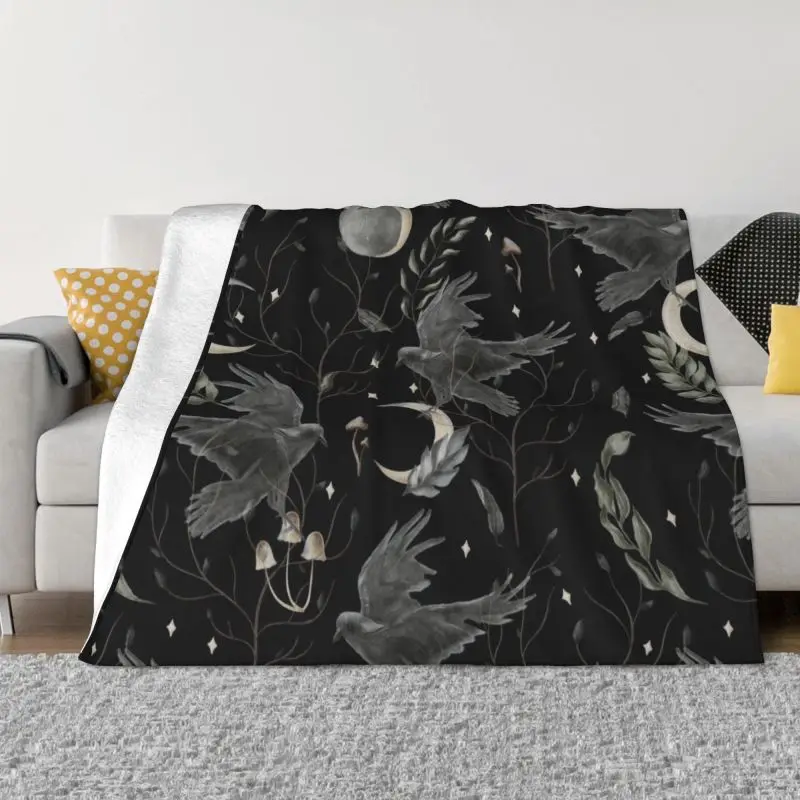 

Crow Moon 3D Printed Blankets Breathable Soft Flannel Autumn Halloween Spooky Witch Throw Blanket for Couch Office Bedroom